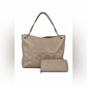 Tory Burch Taupe Perforated Tote and Wallet Set